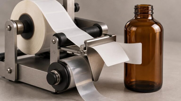 Close-up studio photograph of a tabletop label dispenser feeding blank white labels from a large roll over metal rollers and a peel edge beside an amber glass bottle.
