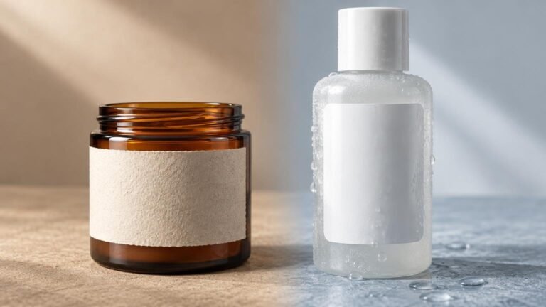 An amber glass jar with a rough cream paper label sits beside a condensation-covered clear bottle with a smooth white label, shown on a split warm and cool studio surface.